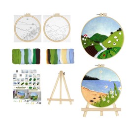 Xinyanmy 2 Pack Needle Felting Kit,Felt Painting Kit for Beginners, DIY Craft Kit with Picture Frame,Felted Fabric,Wool,Needle,Foam Pad and Instructions for Home Decoration (Mountain&Beach)