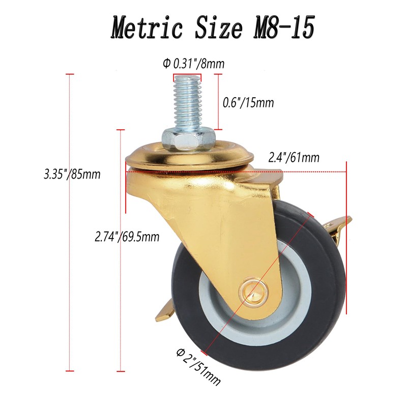 BAISASY 2 Inch Stem Caster Wheels with Brake, Metric Size