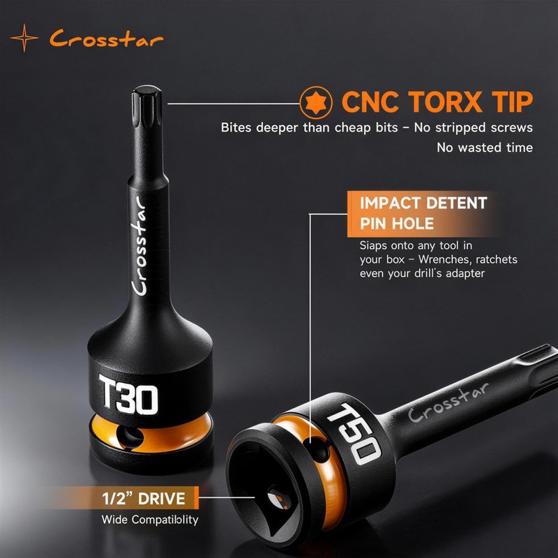 Crosstar 3pc T40 Impact Torx Bit Socket Set, 1/2" Drive