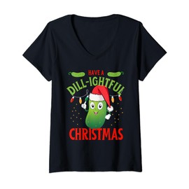 Women's Have A Dill-ightful Christmas Funny Pun Christmas Cucumber V-Neck T-Shirt, black