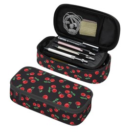 HKHEHOP Red Cherry Black Pencil Case Big Capacity Storage Pencil Pouch Stationery Bags With Zipper Portable Pen Holder Box Organizer For Boys Student College School Office Supplies