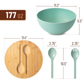 BAMBOO LAND- Extra Large Salad Bowl with Wooden Lid, 11.3 Inch, Mint Green Bamboo Fiber Salad Bowl with Serving Utensils, Extra Large Salad Bowl with Lid, Big Salad Bowls Large Serving Bowls with Lids