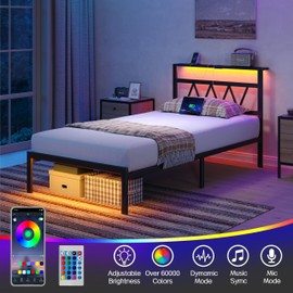 HuaYing Twin Bed Frame with Smart LED Lights, Storage Headboard and USB Charging Station,Heavy Duty Wooden Slats, No Box Spring Needed, Noise Free, Easy Assembly (Classic Black, Twin)