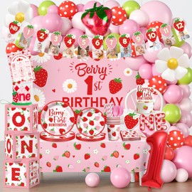 Berry First Birthday Decor, Strawberry 1st Birthday Decorations Strawberry Balloons Plates and Napkins Set with Tablecloth Backdrop First Decorations for Girl 1st Bday