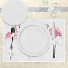Lunarable Pink Flamingo Place Mats Set of 4, Exotic Birds Watercolors Nature of Brazil Rainforests Aloha Wildlife, Washable Fabric Placemats for Dining Table, Standard Size, Pink White