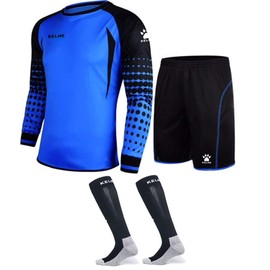 Kelme Paquete Camisa de Portero - Incluye Playera, Pantalones Cortos y Calcetines - Almohadillas de protección en Pantalones Cortos y Camisa – para niños y Adultos (Azul, Kids 12)