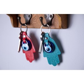 Nevfactory Hamsa Llavero de mano de cuero con cristal Nazar Boncuk mal de ojo turco, Azul oscuro, Small