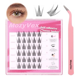 MozyVex 30PCS Enduring Self-Adhesive Eyelashes Cluster DIY Pre-Glued Cluster Lashes Extension D Curl No Glue Need Eyelashes 10-16mm with Lash Tweezers 1 STEP Easy to Apply(PGEC04)