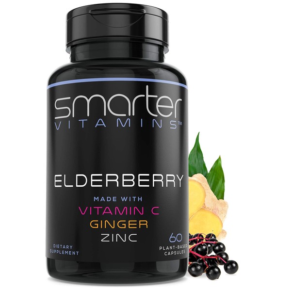 Smarter Elderberry Capsules + Vitamin C + Ginger & Zinc, Herbal Supplement for Immune Support, Powerful Black Elder Berry Extract Antioxidant Vitamin, 60 Vegan Pills