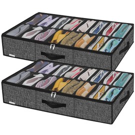 Onlyeasy Sturdy Under Bed Shoe Storage Solution Organizer For Closet Fit 16x2 Pairs, Underbed Shoes Container Bags with Reinforced Handles, Breathable, Linen-like Black, MXAUBS16P2