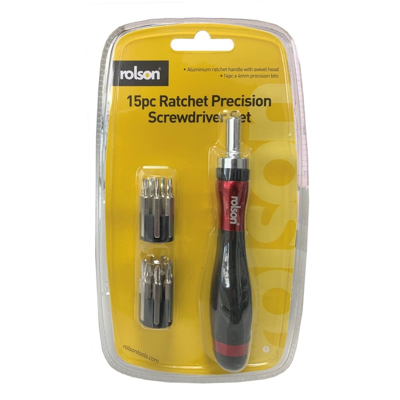 Rolson 28286 15 Pc Ratchet Precision Screwdriver &Bit Set