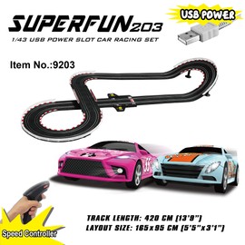 SuperFun 203-1/43 USB Power Slot Car Racing Set, Layout Size: 65"x37", LED Headlights, Lap Counter, Ages 8+