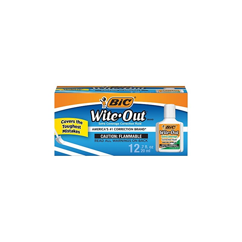 BIC Wite-Out Extra Coverage Correction Fluid, 0.7 ounces Bottle, White,(WOFEC12WE)