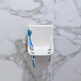 Ceramic Toothbrush Holders for Bathrooms Over Tile Wall Mount Flat Back Tumbler Toothpaste Tooth Brush Paste Shower (White Glossy)