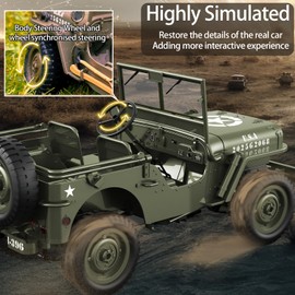 RC Jeep 1/10 Scale Willys Hobby RC Car Off-Road Military Crawler, 2.4Ghz Military Truck 4WD RC Crawler with Light, Tarpaulin, Metal Shaft, 4x4 Off Road Vehicle RTR Jeep Car, 2 Batteries