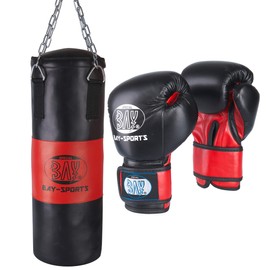 BAY® Boxing Set for Teens 9 kg Filled 85 x 28 cm Boxing Set Punching Bag + Boxing Gloves Kids Junior Teens Black/Red Ready + Steel Chain Box Set Kids Set Boxing Gloves