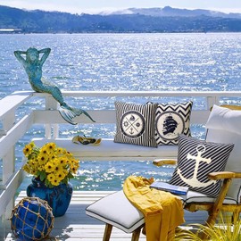 Set of 4 Cushion Covers, 50 x 50 cm, Blue Linen Cushion Covers, Sailing, Navigation Compass, Decorative Cushion Cover, Outdoor, Waterproof Decorative Cushion Cover for Garden, Sofa, Living Room, Bed