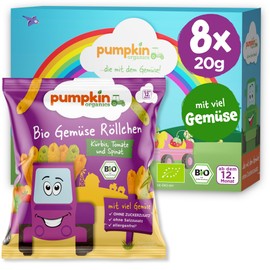 Pumpkin Organics Kindersnack Bio Gemüse Röllchen (8er Pack) Baby- und Kindersnacks ohne Zusatzstoffe ab dem 12. Monat - allergenfreie² und glutenfreie² Knuspersnacks für Kinder (8x20g)