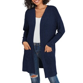 Misakia Womens Long Cardigans Open Front Knit Loose Long Sleeve Sweaters with Pockets Oversized Casual Jackets Outwear Navy Blue M
