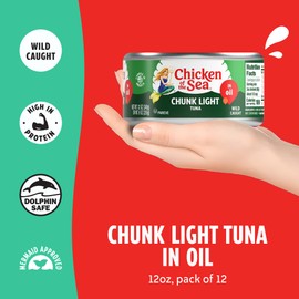 Chicken of the Sea Wild Caught Chunk Light Tuna, 12 Ounce Cans, 12-Count – High Protein 100% Classic Chunk Tuna in Oil – Delicious, Easy, Nutritious Ready to Eat Meals