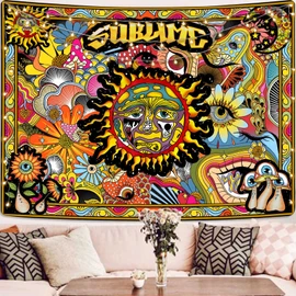 Accnicc Trippy Sublime Tapestry Burning Sun Tapestries Indie Hippie Tapestry Wall Hanging Moon Mushroom Colorful Cool Aesthetic Wall Tapestry for Bedroom Dorm Living Room (Orange, 48'' × 36'')