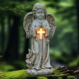 VOHESEA Solar Angel Garden Statues 30 cm Praying Angel with LED Cross Light, Angel Figure on Grave Decoration Weatherproof Angel Garden Figures Praying Angel Sculpture Decorative Lawn Yard Patio