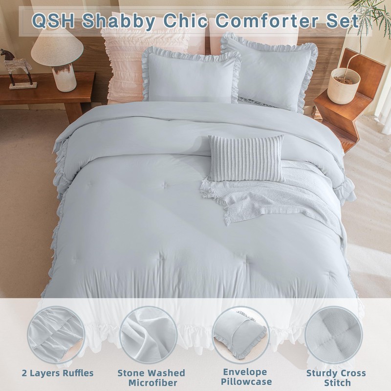 Queen's House Light Blue Ruffled Comforter Set Queen Size, Lightweight