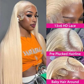 werkueen Peluca De Cabello Humano Con Encaje Frontal 613 De 36 Pulgadas, 613 Hd, 13X6, Rubio, Densidad 200, Recta, Prearrancada Con Cabello De Bebé Para Mujer.