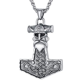 Viking Jewellery Thor's Hammer Necklace for Men, Women Stainless Steel Odins Helmet Pendant Mythology Jewelry Charm - Silver Norse Mjolnir Protective Neck Chain