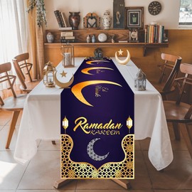 TesliteRamadan Table Runner, Eid Mubarak Ramadan Decor, Moon Star Islamic Runner Tablecloth Cover Home Dining Muslim Festival Party Celebration, Purple Gold