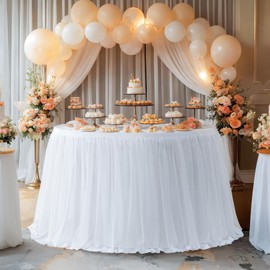 60 Inch White Round Tulle Table Skirt Tablecloth Stretch Fitted Party Table Cover Wedding Round Tablecloth Ruffle Tutu Table Skirt Wrinkle Resistant Table Cloth for Birthday Baby Shower Banquet Events