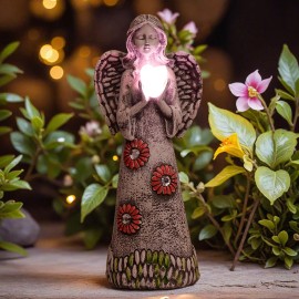 Solar-Powered Angel Statue with Flower Crown and Heart Light, Resin Angel Holding an Illuminated Heart for Yard or PatioColor: As picture, Size: One Size