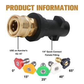 Pressure Washer Adapter 1/4" Quick Connect Female Fitting, Compatible with Karcher K2, K3, K4, K5, K6, K7, Includes 5 Multi-Degree Nozzles, Weatherproof, Anti-Aging, 4000 PSI