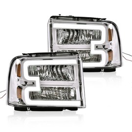 CNNELL Headlight Assembly with LED DRL Bar Compatible with 2005 2006 2007 Ford F250 F350 F450 F550 SuperDuty(Clear lens Chrome Housing Amber Reflector)