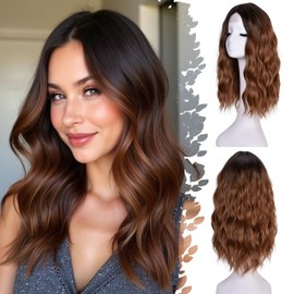 ANNISOUL Ombre Brown Short Wavy Wigs for Women 18Inch Bob Wave Wig Middle Part Synthetic Lace Front Natural Hairline Hair for Daily Party Use