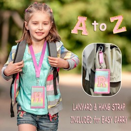 SiorVeol Kids Wallet Girls Trifold Initial Glitter Wallets with Zipper and Card Slots Including Neck Lanyard and Hanging Strap, Rainbow, E