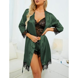 LYANER Women's Sexy Silk Satin Pajamas Set 4pcs Lingerie Nightwear Floral Lace Cami Pjs Sleepwear with Robe Plain Deep Green Medium