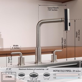 Kitchen Sink Faucet for 3 4 Hole with Sprayer - 8 inch Two Handle Vintage Kitchen faucets Set with Pull Down Spray - Stainless Steel Brushed Nickel 3 Piece Widespread Modern Kitchen Faucet.