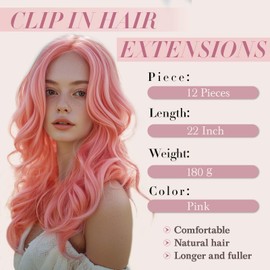 Hair Extensions Clip In - 22 Inch Long Curly Pink Synthetic Hairpiece, 180g, 12 Pieces, Soft and Thick for Women