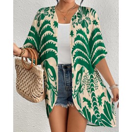 Bsubseach Women’s Kimono Swimsuit Coverup Boho Floral Print Cardigan Half Sleeve Beach Bathing Suit Cover Up Loose Tops Beige & Green