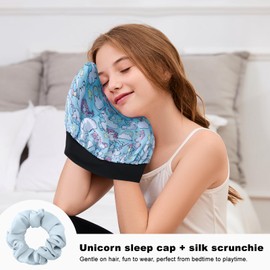 1PCS Kids Silk Bonnet for Girls Boys- 1PCS Hair Scrunchie, Toddler Satin Bonnet for Sleeping, Wide Elastic Band for Sleep Cap for Curly Hair, Blue Unicorn Print