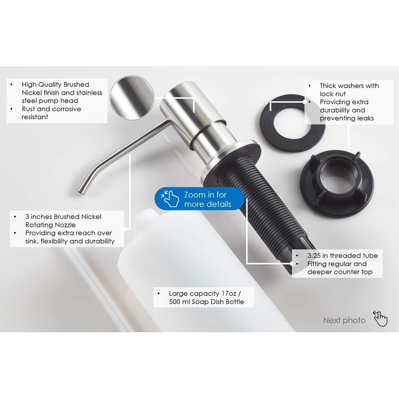 Soap Dispenser for Kitchen Sink (Brushed Nickel), Fit 1-to-1.25-inch Hole,