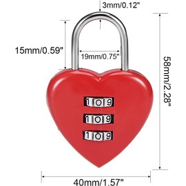 3 Digit Combination Padlock, 3mm Shackle, Zinc Alloy Lock Heart Shaped, Red Combination Padlocks, Padlocks and Hasps Cute Locker Code Lock Mini Heart-Shaped Cable Padlock