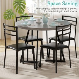 VECELO 35” Round Dining Table Set with 4 Cushioned Padded Chairs for Kitchen, Breakfast Nook, or Living Room, Wood-Grain Tabletop & Heavy-Duty Steel Frame, Easy Assembly, Light Grey