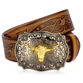 BISON DENIM Men's Western Double embossed leather belts with golden Cowboy Longhorn Bull Pattern Floral Engraved Buckle Belt studded buckle replaceable belt buckle