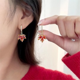 Fall Maple Leaf Earrings,Thanksgiving Fall Earrings Hoops Red Rhinestone Maple Leaf Hoop Earrings Autumn Thanksgiving Jewelry for Women Fall Accessories(D)
