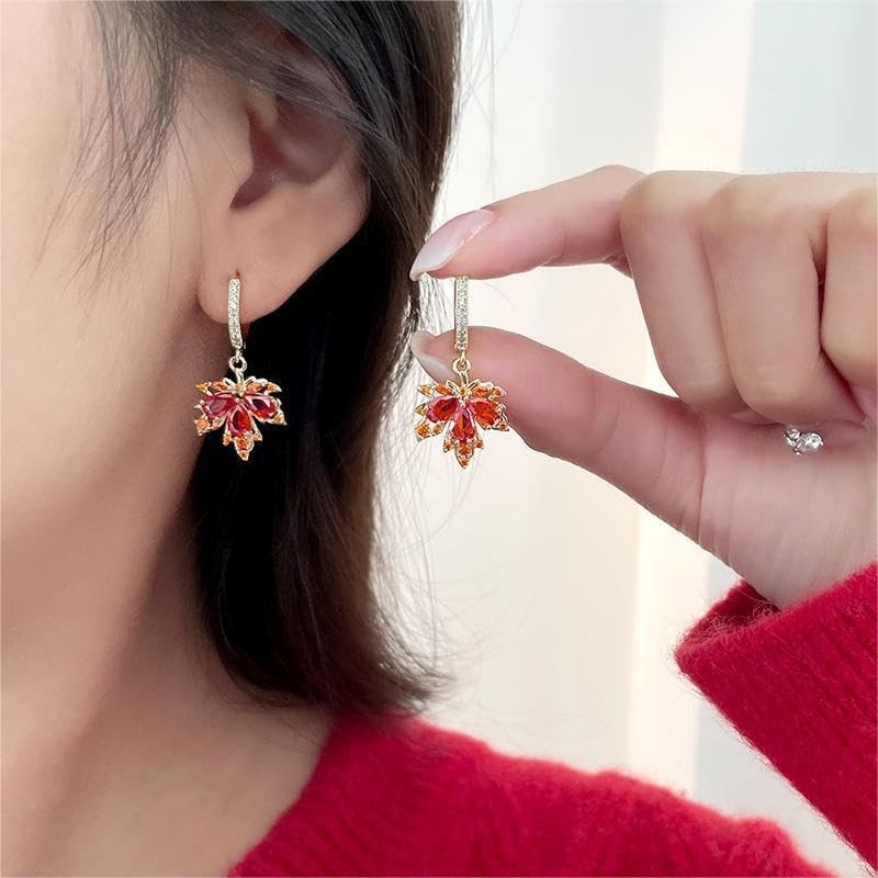 Fall Maple Leaf Earrings,Thanksgiving Fall Earrings Hoops Red Rhinestone Maple