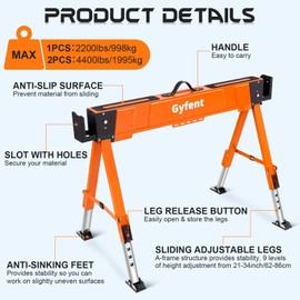 Gyfent Saw Horses 2 Pack, 4400Lbs Load Capacity Saw Horse Folding Heavy Duty Sawhorses 21-34in Adjustable Height Professional Saw Horse with 2x4 Bracket for Woodworking Carpenters Contractors, Orange