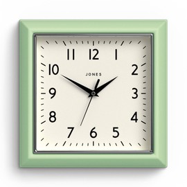 JONES CLOCKS® Mustard Wall Clock | Square Retro Clock | 10 inch | Neo Mint Green | Diner Style | Perfect for Kitchen. Living Room or Office