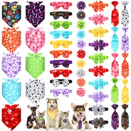 Hosuly 50 Pcs Funny Dog Bandana Collar Set Include 10 Dog Bow Tie 10 Necktie Collar 10 Pet Scarf 10 Dog Bow Flowers 10 Hexagonal Bowtie Cat Dog Grooming Accessories for Festival Photography(Paw Bone)